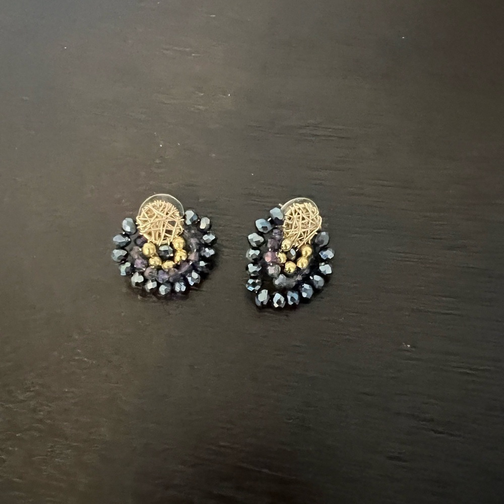 Gold Blue Purple Beaded Stud Earrings Boho Statement Colorful Jewelry - Picture 4 of 8